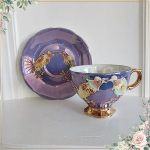 Shafford Luster Pedestal Teacup And Saucer - Raised Moriage Roosters - Japan